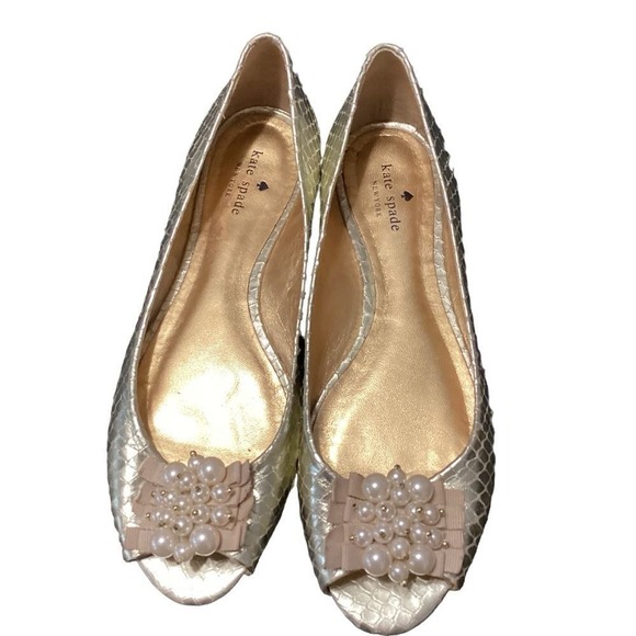 Kate Spade Women's Size 8 Flats Gold Snakeskin Open Toe Shoes‎ Beaded - Picture 2 of 6